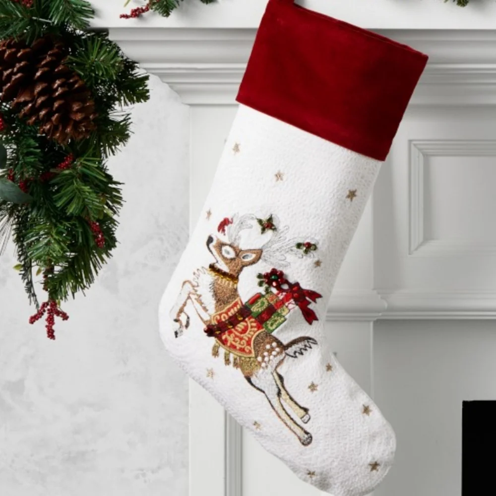 Williams Sonoma TWAS NIGHT BEFORE CHRISTMAS Reindeer Crewel Christmas Stocking